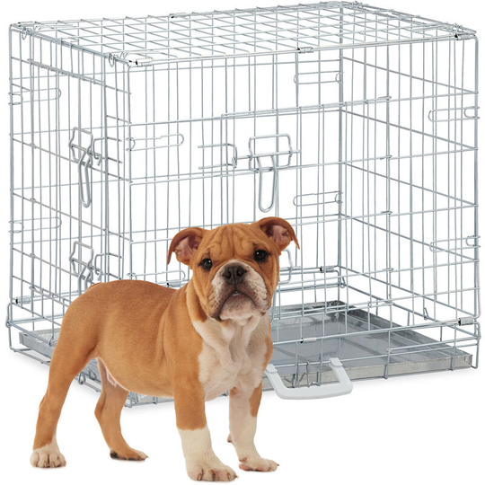 Foldable Dog Crate, for Indoors or Travels, Galvanised Tray, 2 Doors, Handle, 51 x 60 x 45 cm, Metal, Silver - Relaxdays