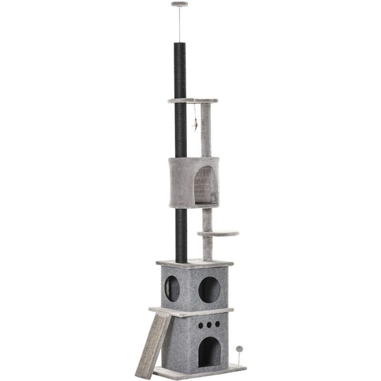 PawHut 255cm Cat Tree Floor to Ceiling Kitty Activity Center with Double Condo - light grey