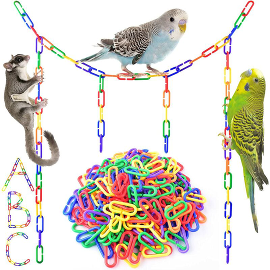 Ilovemilan - 560 plastic linked birds, mixed color rainbow diy C-shaped clip chain hook swing climbing cage toys, skating mouse parrot birds,