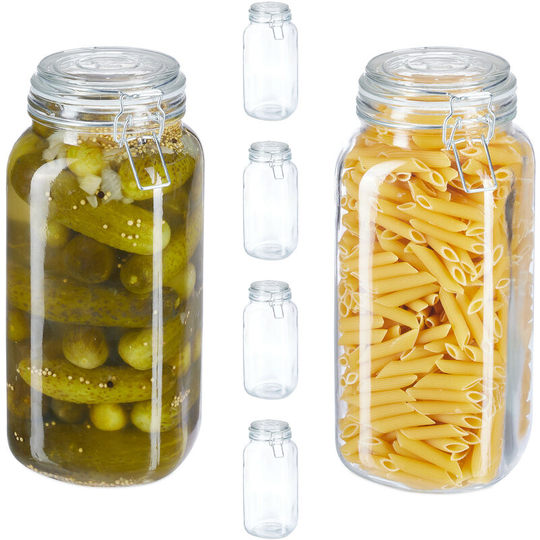 Glass Preserving Jars, Set of 6, 2 Litre, with Clip Top, For Pickling, Canning & Storage, Transparent - Relaxdays