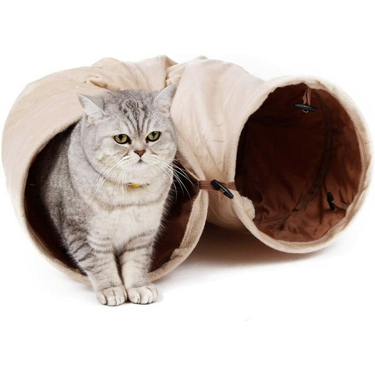 2 Hole Cat Tunnel Soft Foldable Cat Toy with Hanging Ball Beige D25*120cm