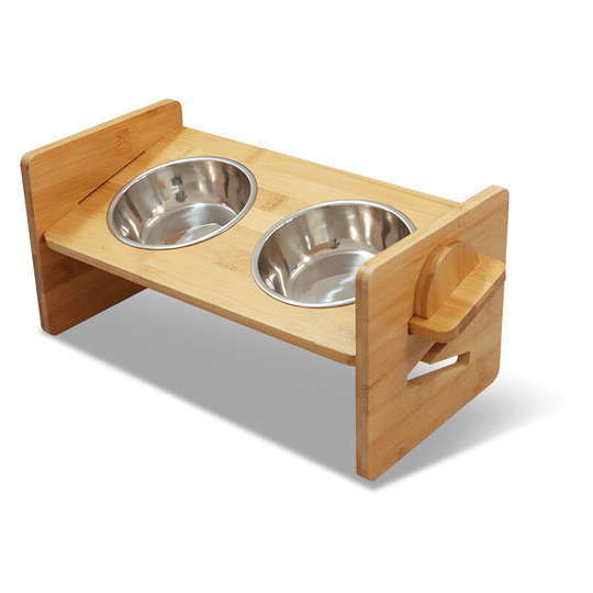FVO - Cat bowl, double bowl, feeding bowl, bamboo wood, suitable for small and medium-sized dogs and cats, four adjustable height, stainless steel