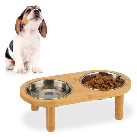 Relaxdays - Feeding Station for Small Dogs, 2 Bowls, 300 ml, Raised, Bamboo, Stainless, hwd: 9.5x34.5x18cm, Natural/Silver