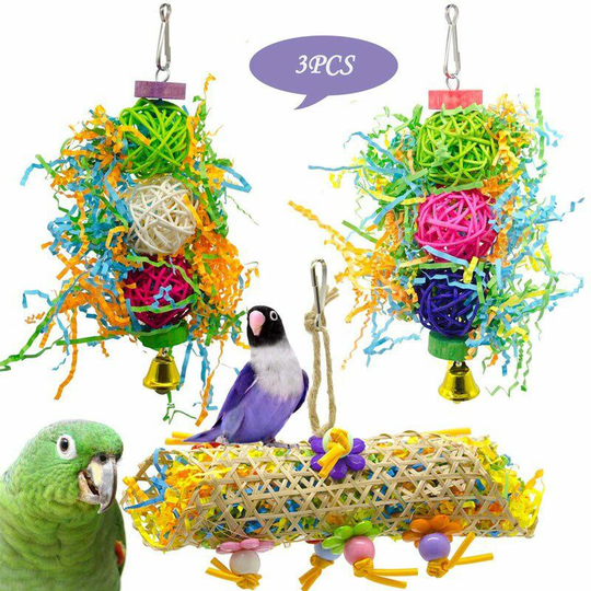 Perle Rare - Bird Toy Set, [3 pcs] Wooden Hammock Toys, Bell Rope Swing, Wooden Hanging Parrot Cage with Decorative Hanging Flowers for Budgie Perch