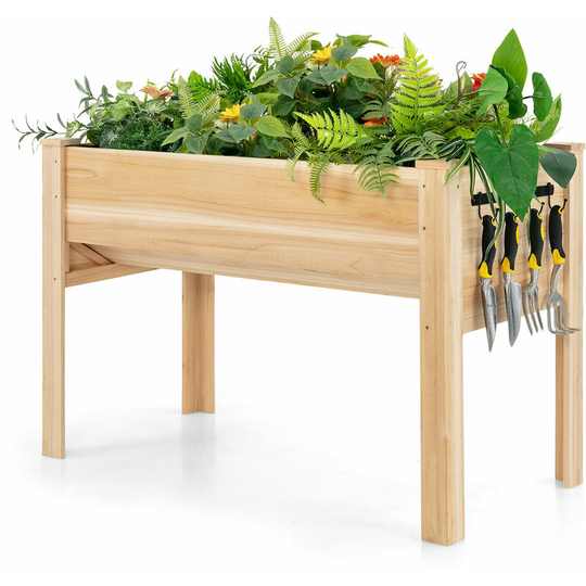 Elevated Fir Wood Garden Raised Bed Outdoor Planter Growing Stand w/ Tool Hooks