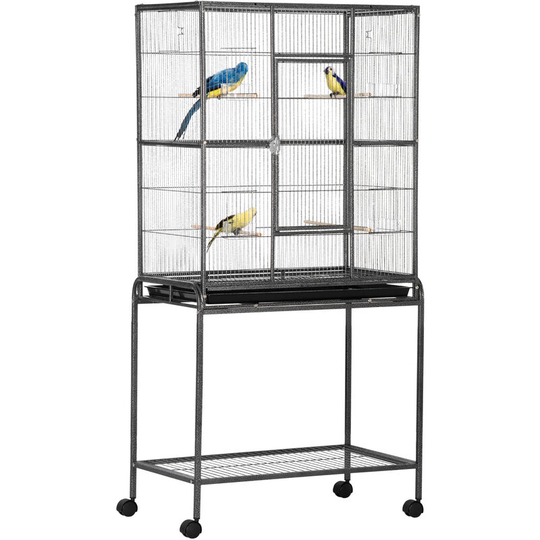 Rolling Bird Cage w/ Detachable stand Storage Shelf Wood Perch Food Cup - Black - Pawhut