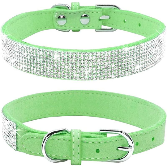 Rhinestone Dog Collar, Cute Dazzling Sparkling Soft Suede Leather Dog Cat Rhinestone Collar Crystal Diamond Pet Dog Puppy Collar(Green,XS)
