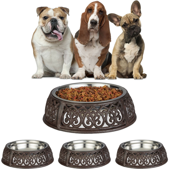 4 x Food Bowl Antique, Dogs, Nostalgia, Country Style, Heavy, Cast Iron Bowl Holder, Stainless Steel Food Bowl 1l, Brown
