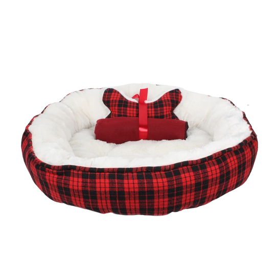 Red Check Donut Bed with Blanket & Toy