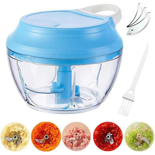 Aougo - 500ml Manual Chopper Mini Chopper Manual Onion Cutter String Blender with 3 Stainless Steel Blades for Vegetables Meats Nuts and Salad (Blue)