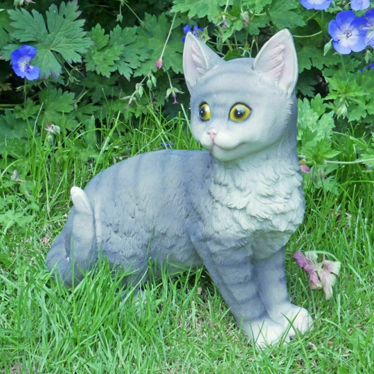 Tabby Cat Garden Sculpture Grey Kitten Animal Lawn Ornaments Statue Home Décor