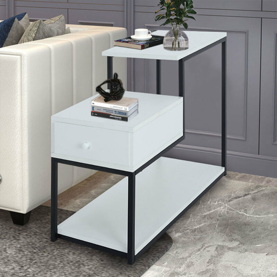 3 Tiers Side Bedside Table with Drawer, White and Black - Livingandhome