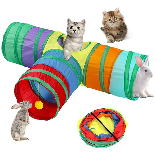 Cat Tunnels for Indoor Cats 3 Way Rabbit Tunnel 4 Holes Lightweight Collapsible Large Guinea Pig Tunnel Toys with Pompom for Small Animal Dwarf