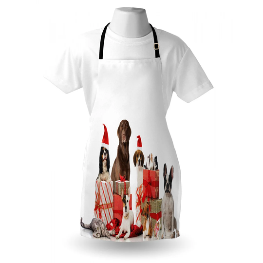 Several Pets with Surprise Christmas Presents Dogs Cats and Rabbits Apron