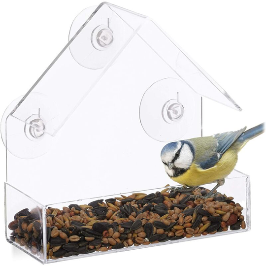 Window Birdhouse, Wild Bird Feeder, 3 Suction Cups, Feeding Station with Roof, HWD: 15 x 15 x 6 cm, Transparent