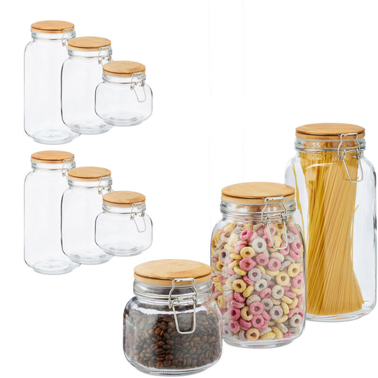 Set of 9 Storage Jars, Clip Top, Airtight Bamboo Lids, Dry Food, Glass, 2 l, 1.5 l, 750 ml, Transparent - Relaxdays
