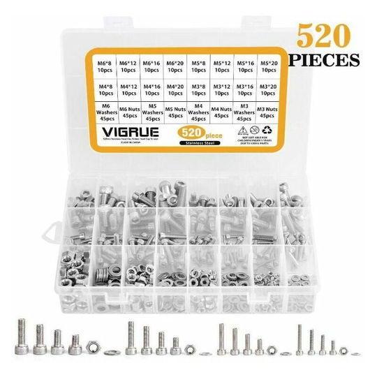 Bearsu - 520pcs M3 M4 M5 M6 Hexagon Socket Head Cap Screws 304 Stainless Steel Full Thread with Nuts and Washers
