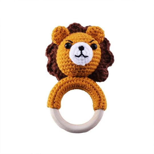 Baby Rattle Shaker Toy with Wooden Teething Ring for Infants 3 6 9 12 Months Crochet Lion