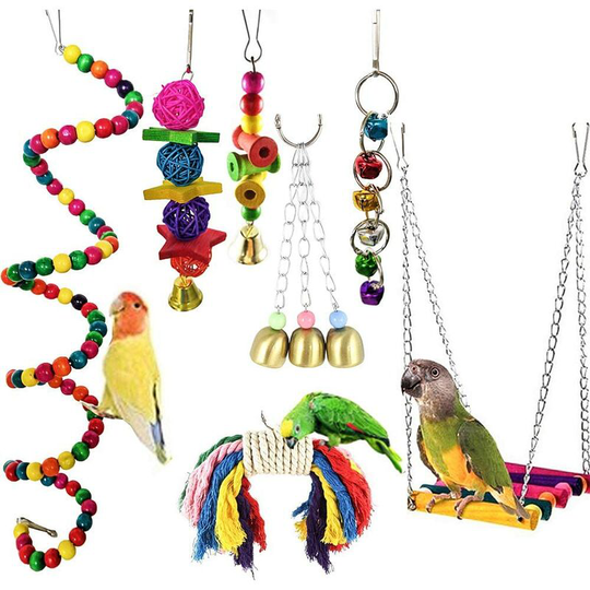 Set of 7 Parrot Toys for Bird Cages, Chewing Swings, Wooden Perches for Conures, Cockatiels, Macaws, Perches and Charming Birds - Litzee