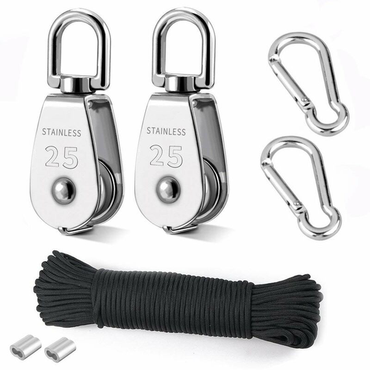 Dksfjkl - Lifting pulley, 25mm 304 stainless steel pulley, 2pcs M25 single pulley, for ropes and cables, with 4mm 20m rope, 2pcs keychain carabiners,