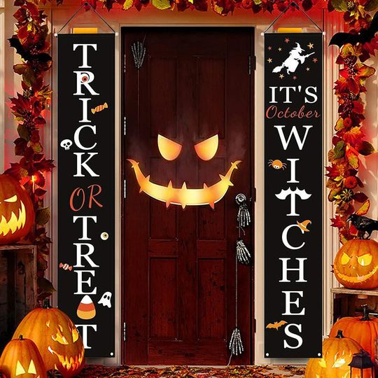 1 Set Halloween Front Door Sign, Candy or Treat Banner, Indoor/Outdoor Hanging Decoration, Spooky Halloween Porch Couplet