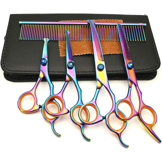 Round tip pet grooming scissors set, pet clipper kit - thinning scissors, curved scissors, combed leather box