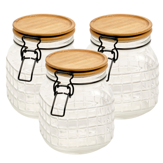 (Medium 1.1L) Sets Of 3 Bamboo Swing Lid Embossed Glass Food Storage Jars