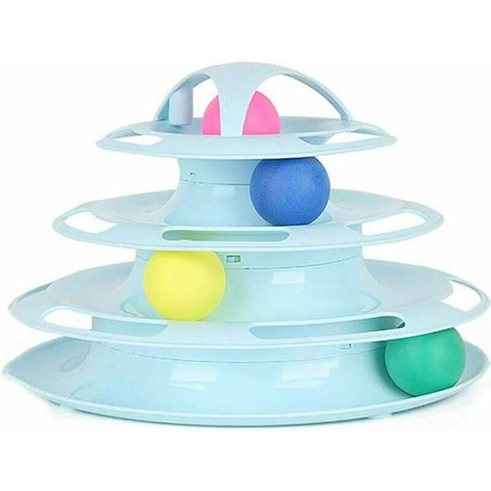 Cat Turntable Toys Interactive Round Pet Toys 4 Layers Plastic Ball Rocking Roller for Cats Kitten iq Training Puzzle Track Tower with Balls (Blue)