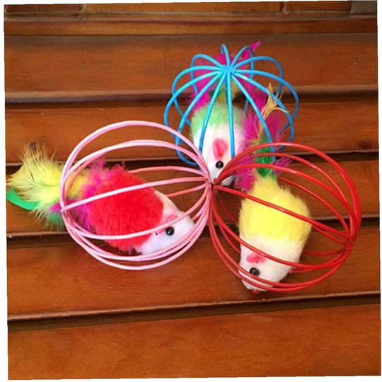 3 Pieces 6.5cm Cage Mouse Ball Inside Cat Kitten Feather Playing Supplies Game Toy for Pets Random Color