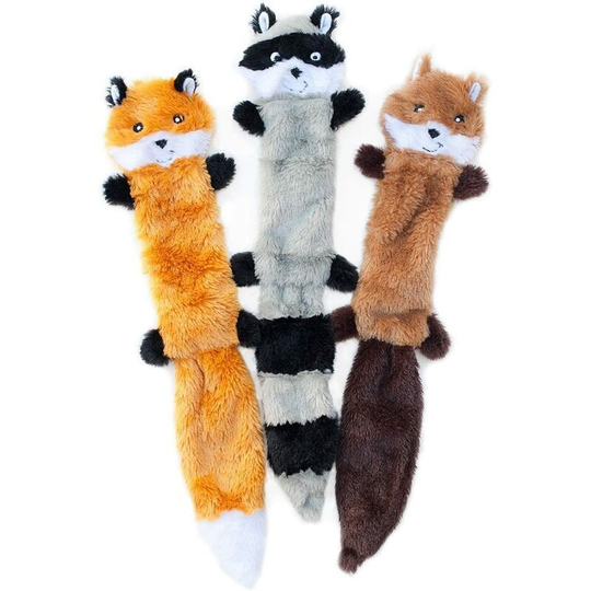 Skinny Peltz No Stuffing Squeaky Plush Dog Toy, Fox, Raccoon, and Squirrel