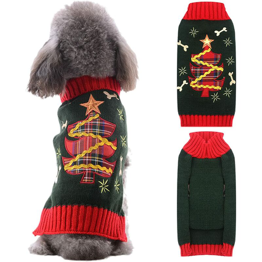 Christmas Dog Sweater Christmas Pet Gift Costume Cute Green Christmas Tree Set Holiday Costume Dog Cat Knitted Dress Pajamas (XS, Green Christmas