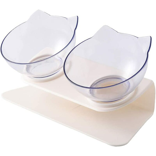 Cat Bowl with Raised Stand, Double Cat Bowl, Cat Food Bowl, Clear Bowl for Cats or Small Dogs, 15° Tilted to Reduce Neck Pain