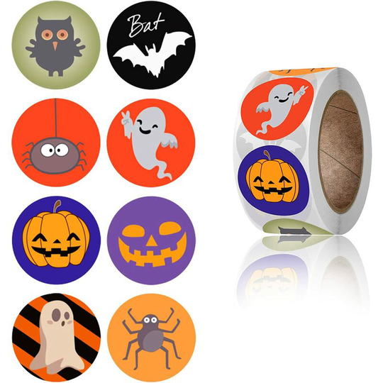 13treize - Halloween Sticker Roll, 500 Pcs Halloween Round Stickers 8 Assorted Halloween Sticker for Kids Trick or Treat(1 Inch)
