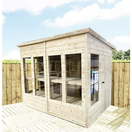 16 x 7 Pressure Treated Tongue And Groove Pent Summerhouse - Potting Shed - Bench + Safety Toughened Glass + rim Lock with Key + super strength