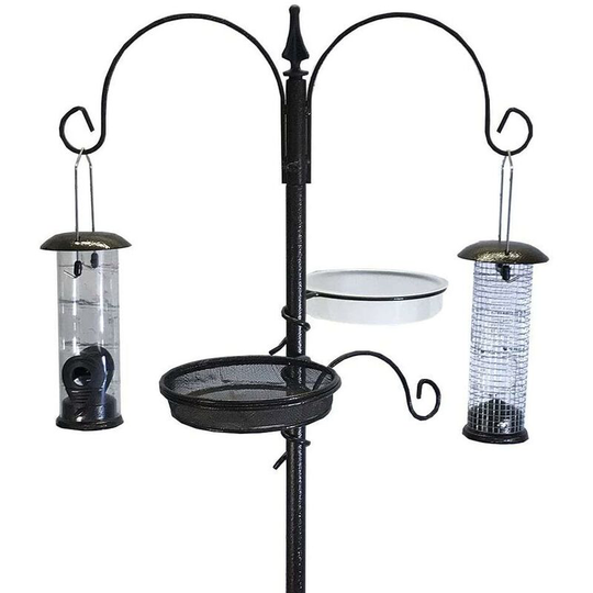Metal Bird Feeding Station with 2 Feeders, Mealworm Tray and Water Dish