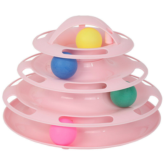 4 in 1 Cat Toy, Cat Maze Games - 4 Layers, Ball Toy - with 360° Rolling Ball and Bells, Cat Toy with Catnip, Feather Toys, 2021 Upgrade (Pink)