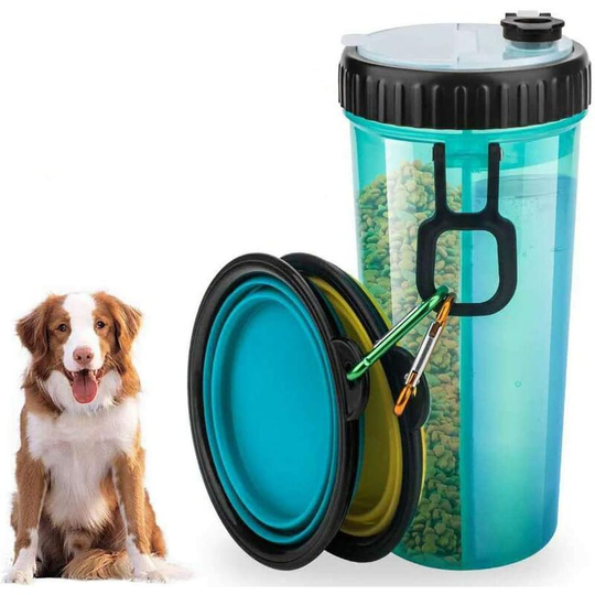 Dog Water Bottle - Portable Drink Dispenser and Travel Container Double Chamber 2 in 1 Bottle, with 2 Foldable Bowls Dog Feeder Outdoor Travel (Blue)