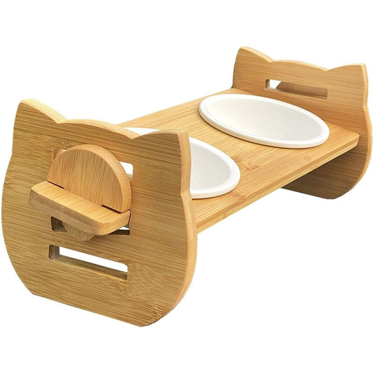Joorrt - Cat Bowl, Raised Cat Bowl, 15° Tilted Cat Bowl, Cat Bowl with Bamboo Stand, Ceramic Cat Bowl, Anti Vomiting Cat Bowl(11cm diameter)