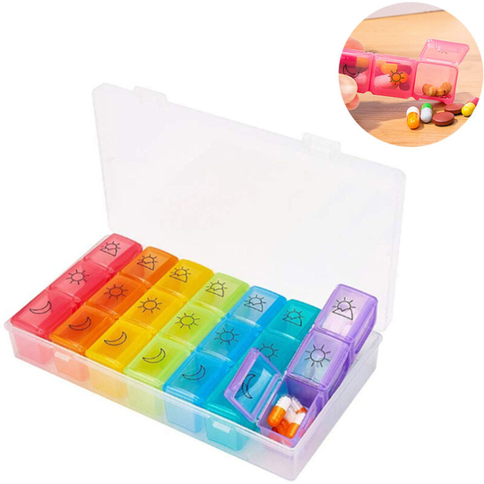 Pill box suitable for 7 day travel with large compartments and sturdy design, portable medication reminder for vitamins / fish oils / supplements