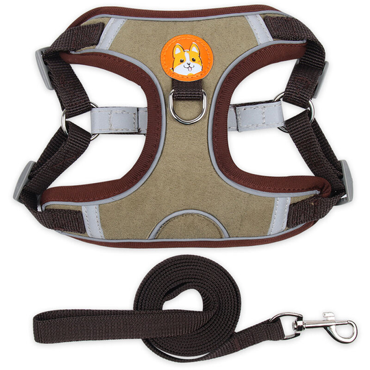 Brown, l Pet Chest Harness Suede Cat Dog Harness Dog Leash Reflective Breathable Dog Rope