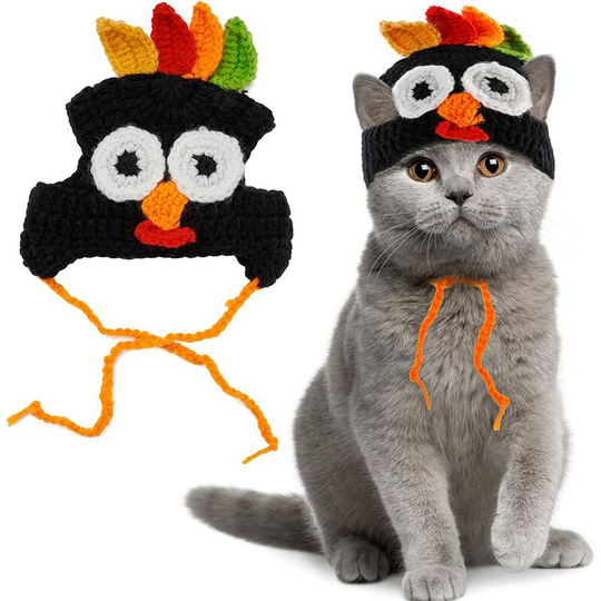 Cat Costume Turkey Hat Halloween Thanksgiving Party Handmade Crochet Pet Turkey Headgear Costume for Small Dogs Kittens