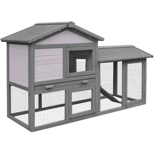 Pawhut 2-Tier Wooden Rabbit Bunny Guinea Pig Hutch Small Pet House Ramp Outdoor - Grey