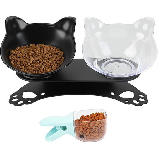 Cat Bowl, Double Cat Bowl with Stand, Cat Bowl with Food Spoon, 15° Tilted Raised Bowl Food for Cats and Small Dogs