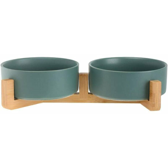 Green Pet Dog and Cat Bowls Ceramic Dog Cat Bowls Bamboo Holder - Dishwasher Safe and Easy to Clean (2 Bowl)