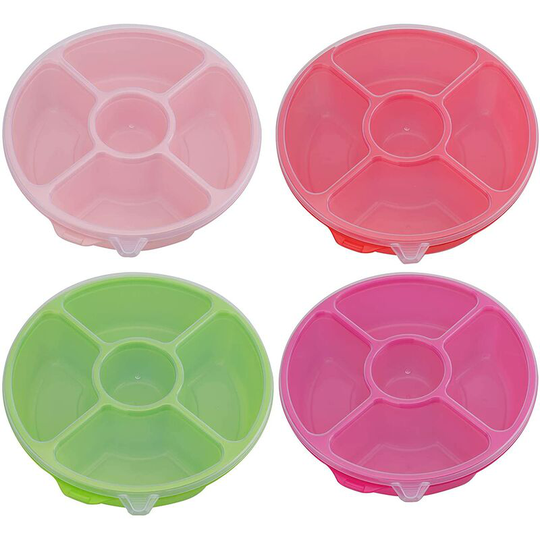 4 Pcs 11 Inch Candy and Nut Serving Container, 5 Compartment Round Appetizer Tray with Lid, Divided Camping Snack Plate & Dish Platter for Party and