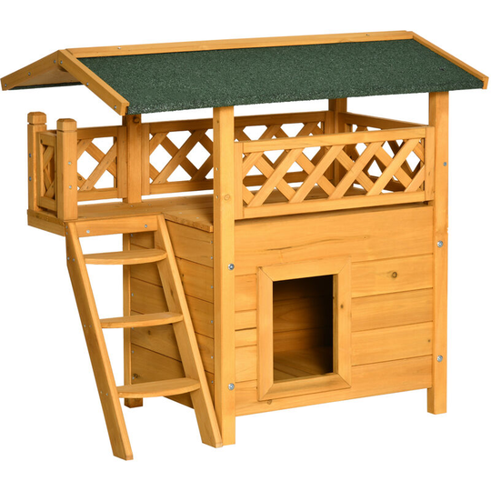 PawHut Cat House Outdoor Kitten Shelter Puppy Kennel w/ Balcony Stairs Roof - Natural wood finish
