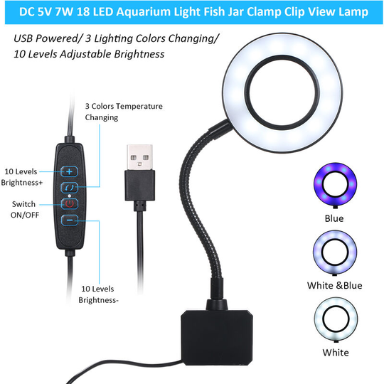 18 led Aquarium Light Fish Jar Clamp Clip View Lamp usb Powered Operated 3 Lighting Colors Changeable 10 Levels Adjustable Brightness Dimmable