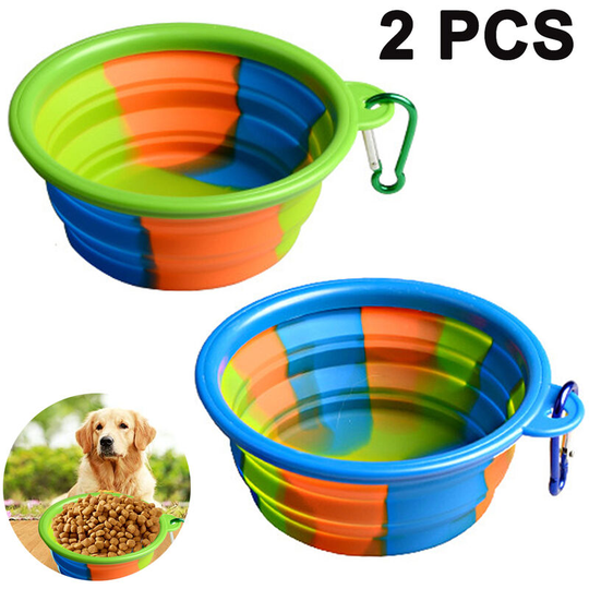Collapsible Dog Bowls, 2 Pack Portable Foldable Cup Water Bowls with Carabiner Clip for Travel for Pet Cat Food Feeding, blue+green
