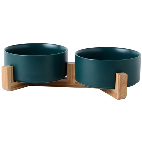 Ceramic Cat Dog Bowl with Anti-Slip Bamboo Stand,Medium15.5cm - Medium15.5cm