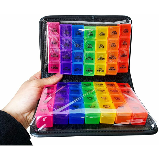 14 Days Pill Box Vitamin Box, 28 Compartments High Quality Double Sided White Leatherette Pill Box (Color)
